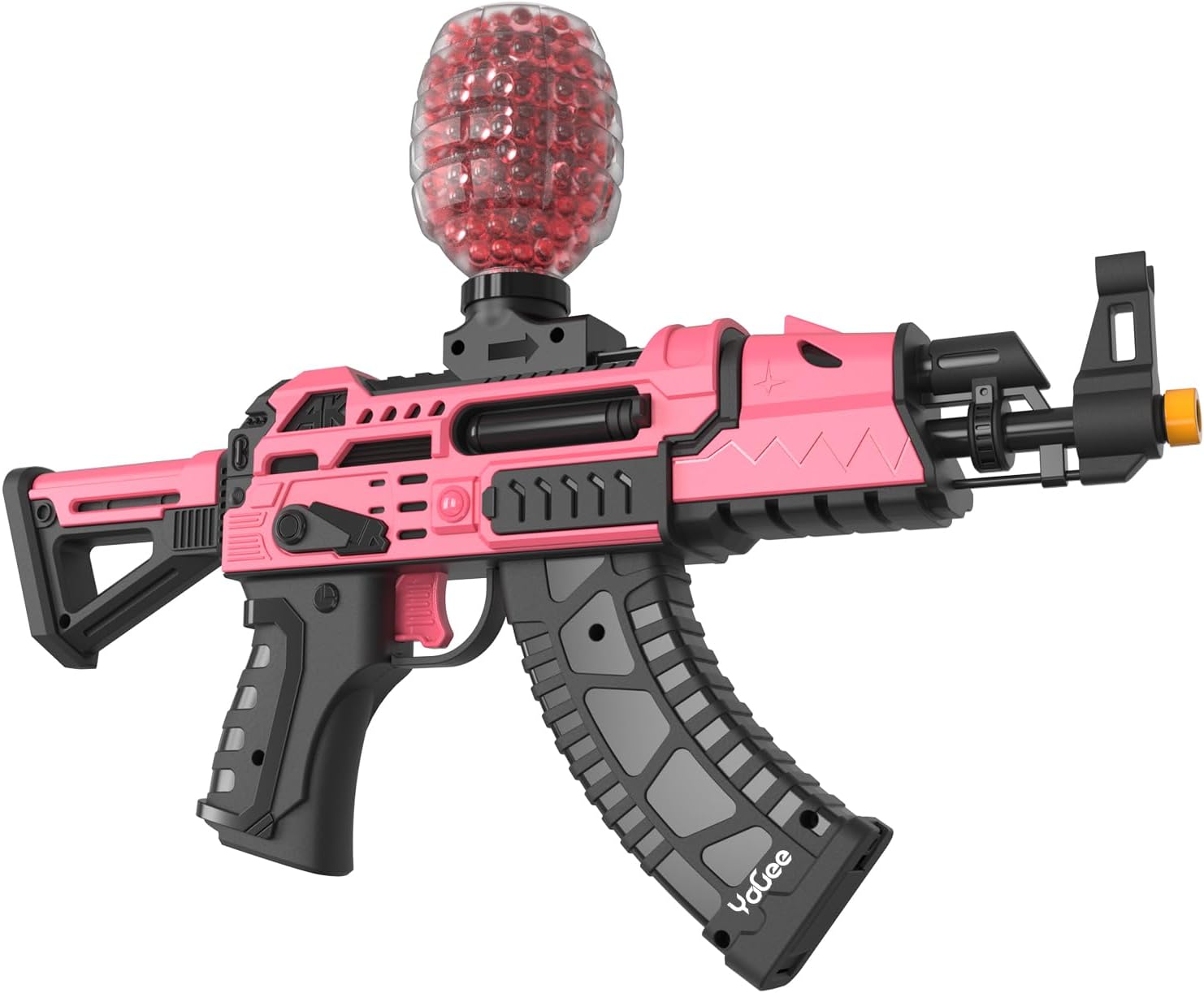 A pink orbeez gun with a pink ball on top, perfect for adults and teens looking for backyard fun and outdoor games.
