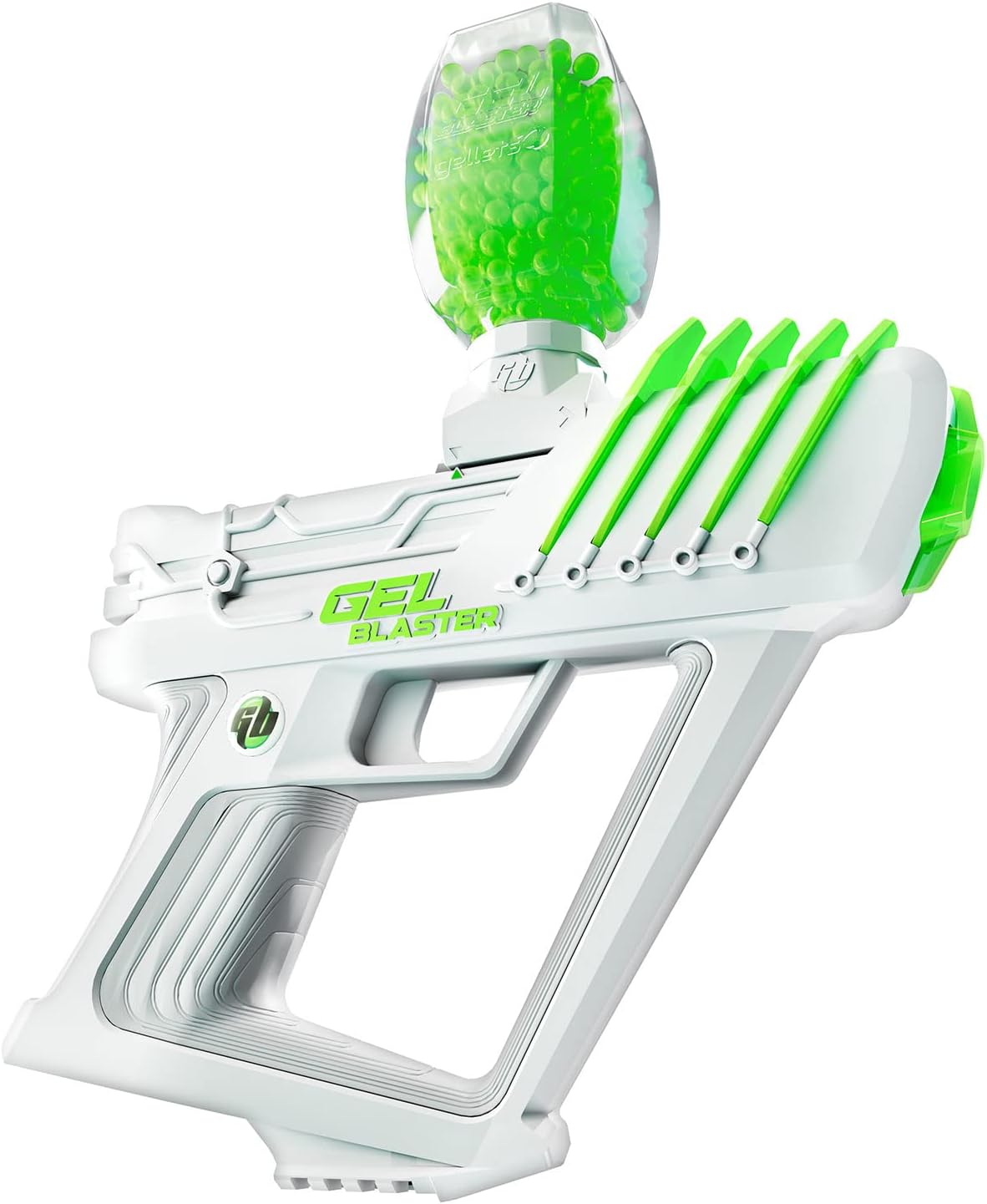 A white and green water gun with a green ball, also known as an Orbeez gun. A white and green orbeez gun with a green ball