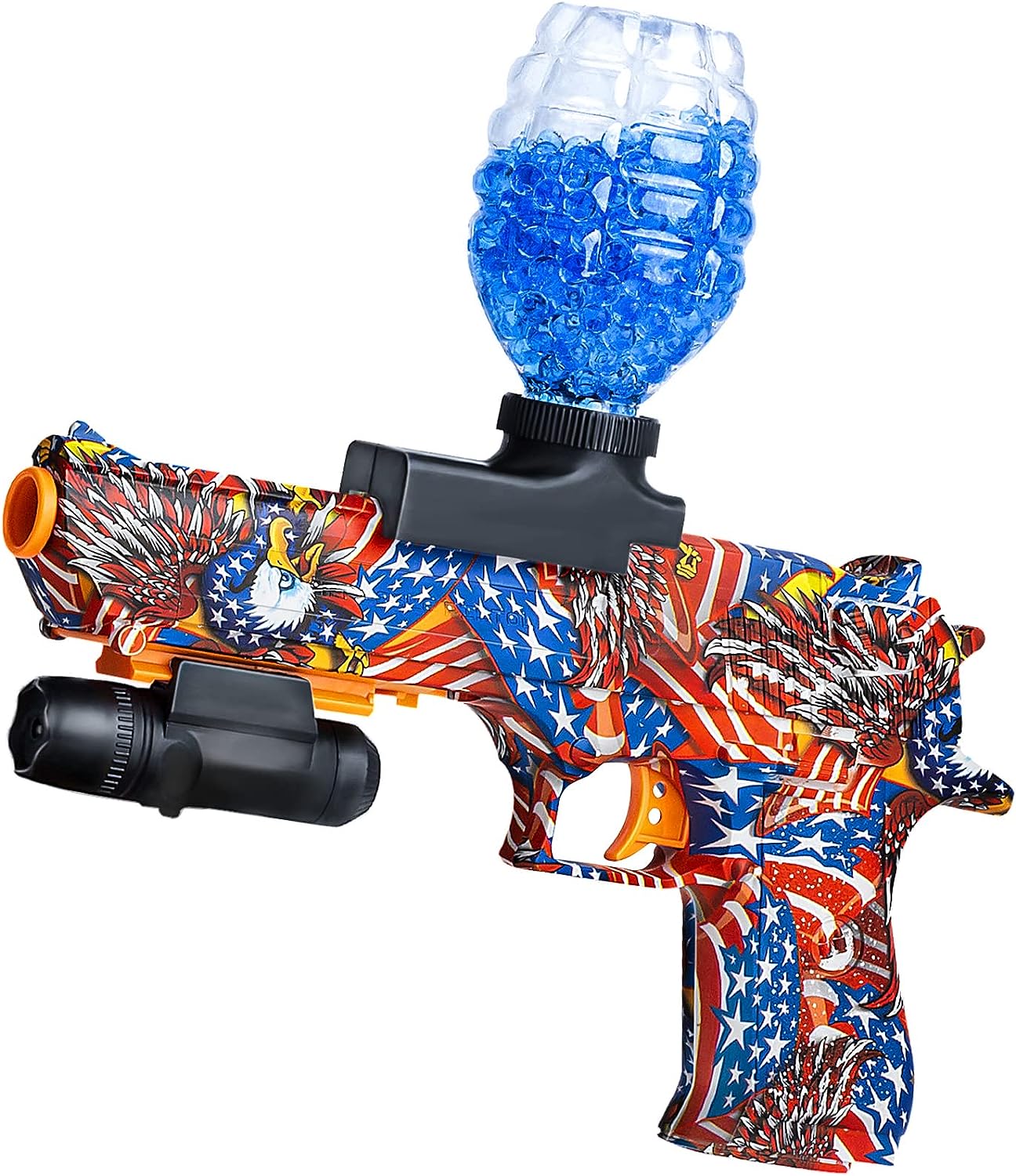 An American flag-themed gun that is an electric Gel Ball Blaster.