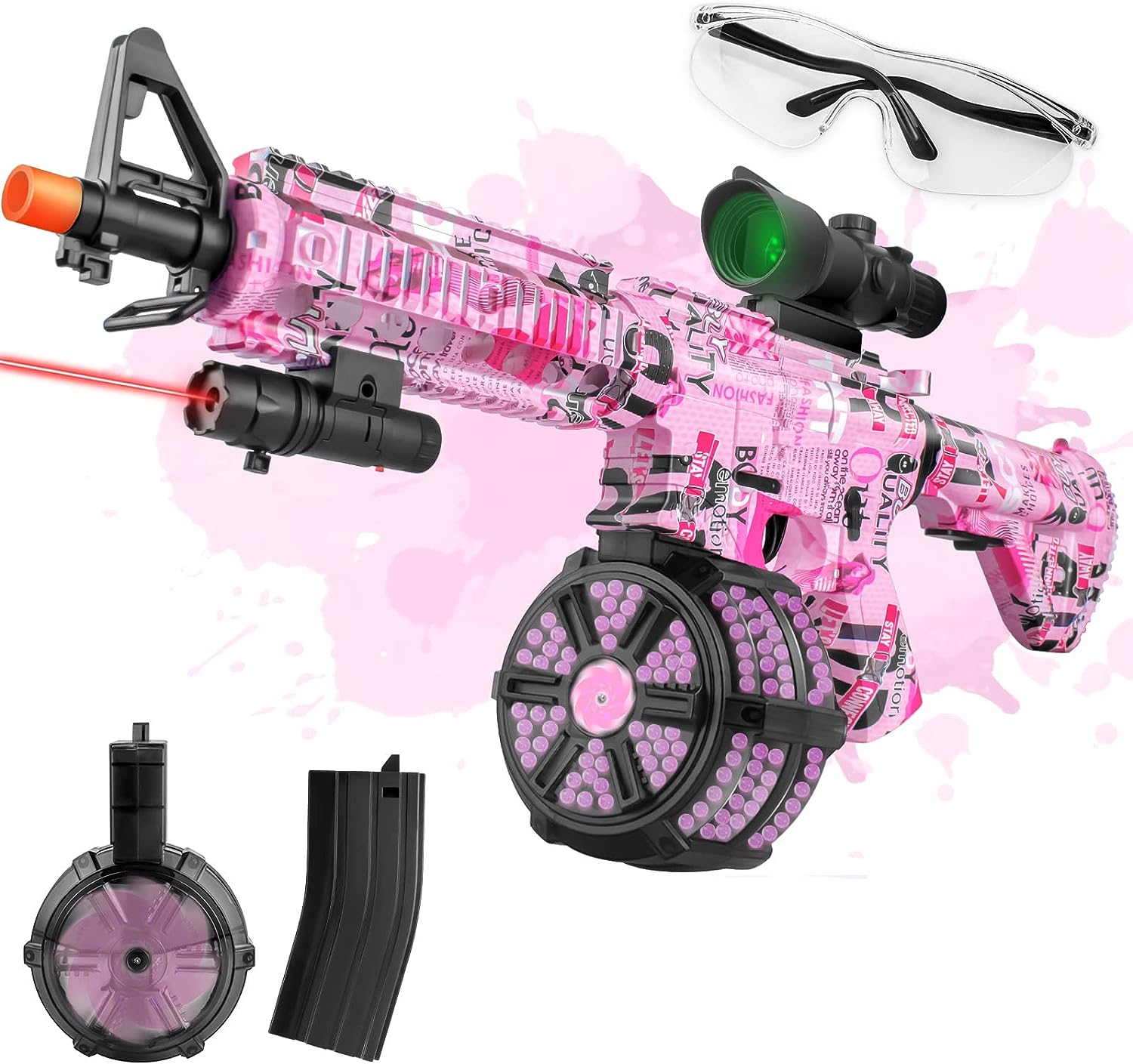 Pink laser orbeez gun with goggles and other accessories