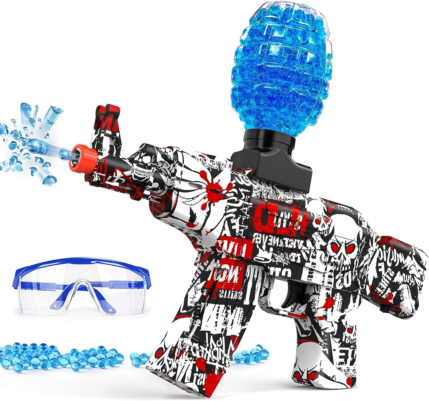 Anstoy Electric AKM-47 Splatter Ball Blaster toy gun with a red and blue design for outdoor shooting activities.