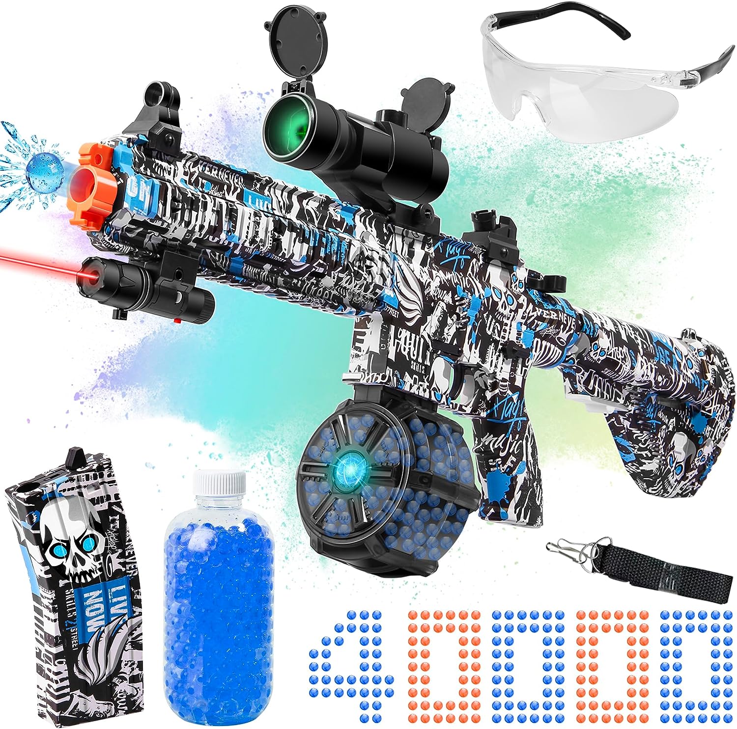 Manual & automatic orbeez gun with a laser and other items.