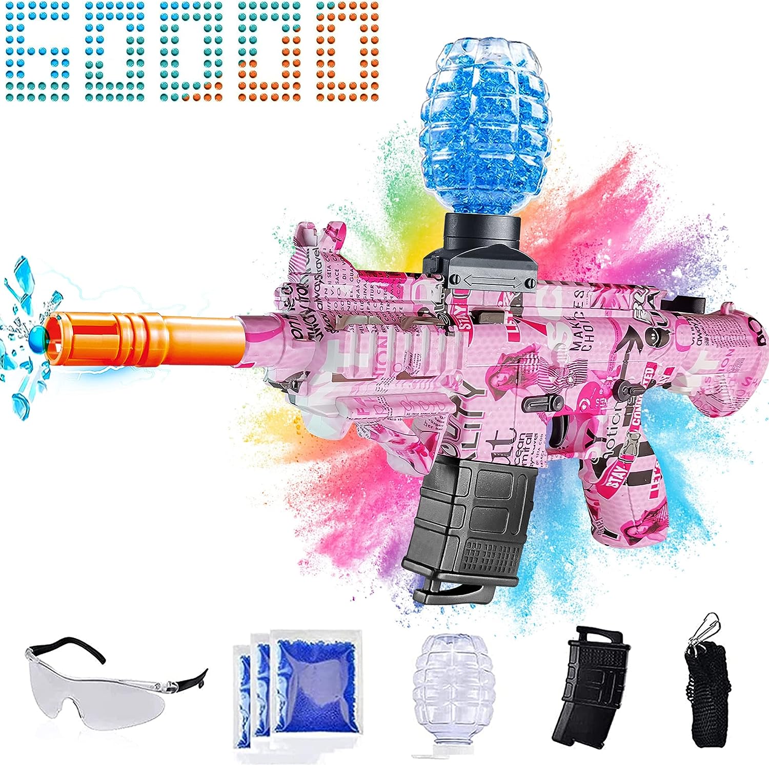 A pink Electric orbeez gun with googles and accessories.