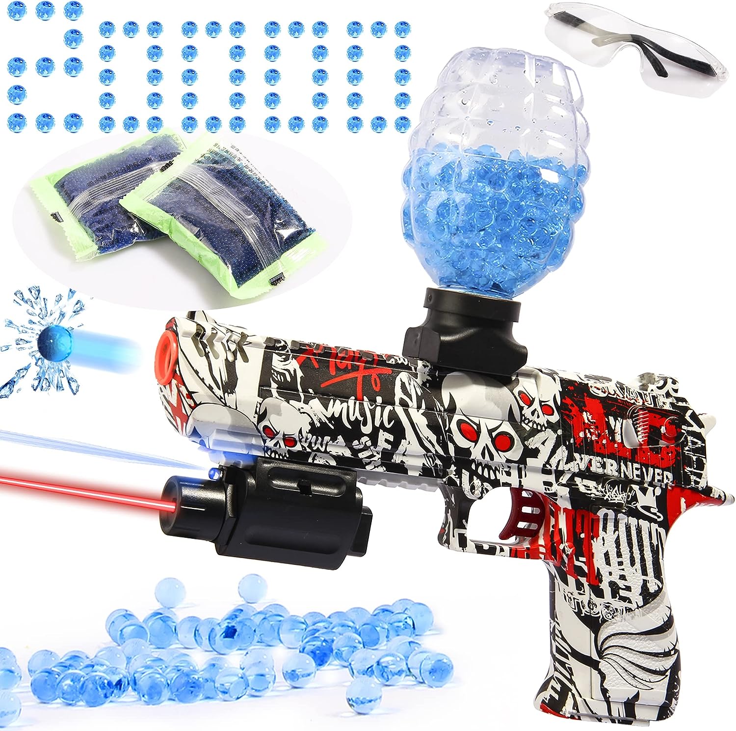 An Eco-Friendly Splatter Ball Blaster Automatic orbeez gun, featuring blue water beads and goggles.
