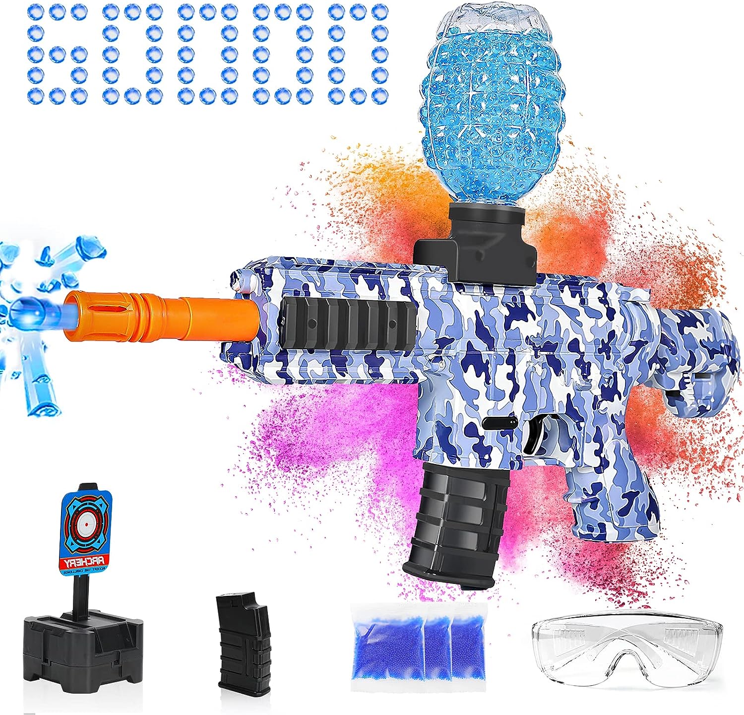 An automatic orbeez gun perfect for outdoor team games and activities. The gun features a vibrant blue color and comes with additional items.