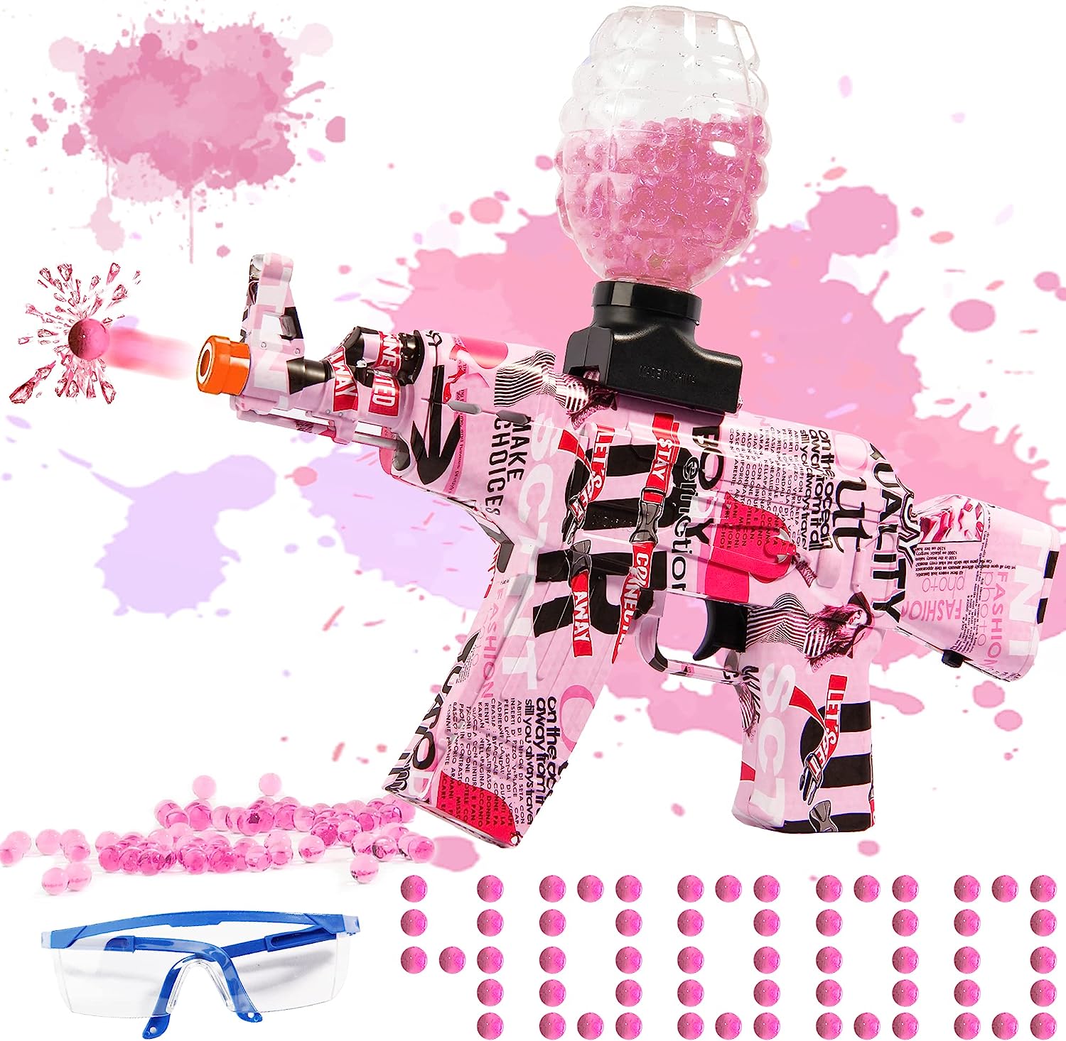 A pink paintball gun with pink paint splatters and goggles. Introducing the Pink Splatter Blaster For Orbeez Automatic, now equipped with 40000+ water beads for ultimate