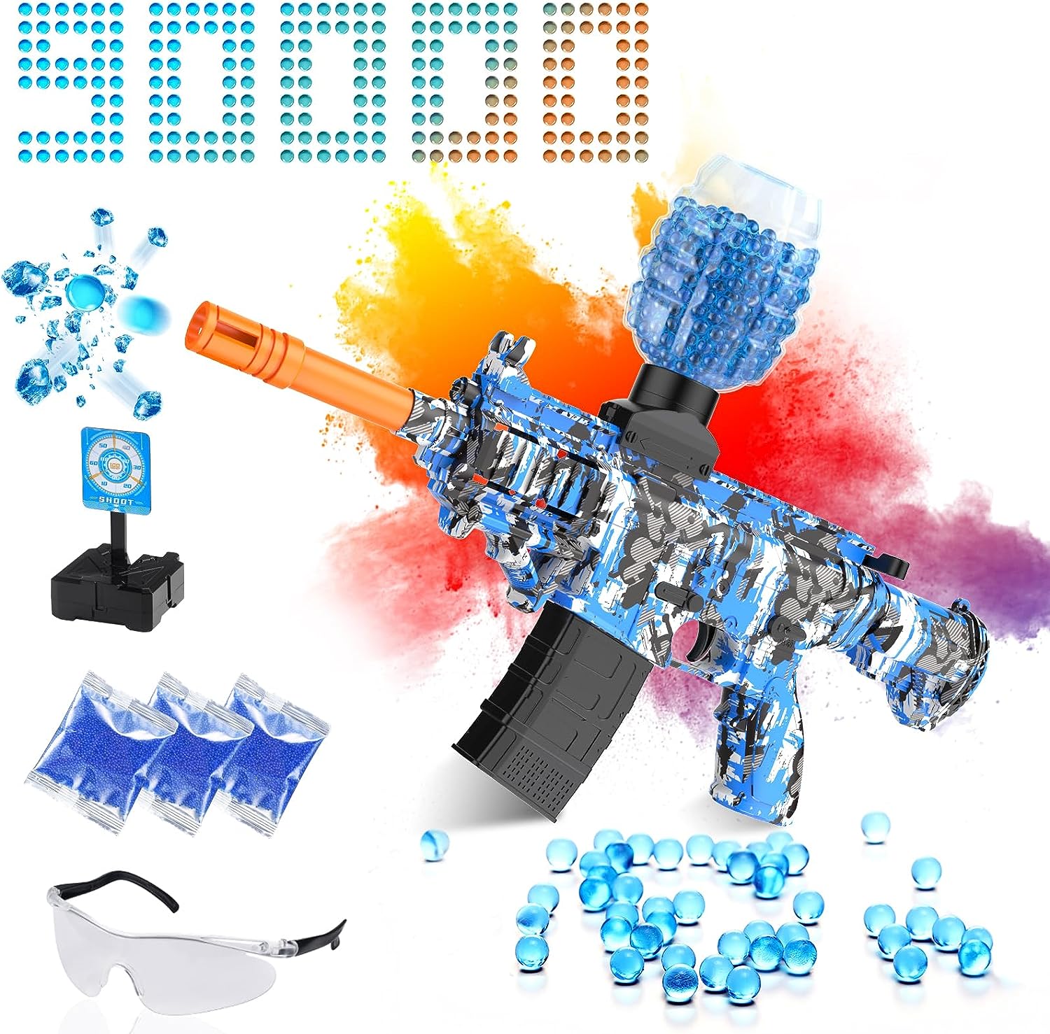 ELECTRIC GEL BALL BLASTER, featuring a blue orbeez gun and other items. An ELECTRIC GEL BALL BLASTER, featuring a blue gun and other items.