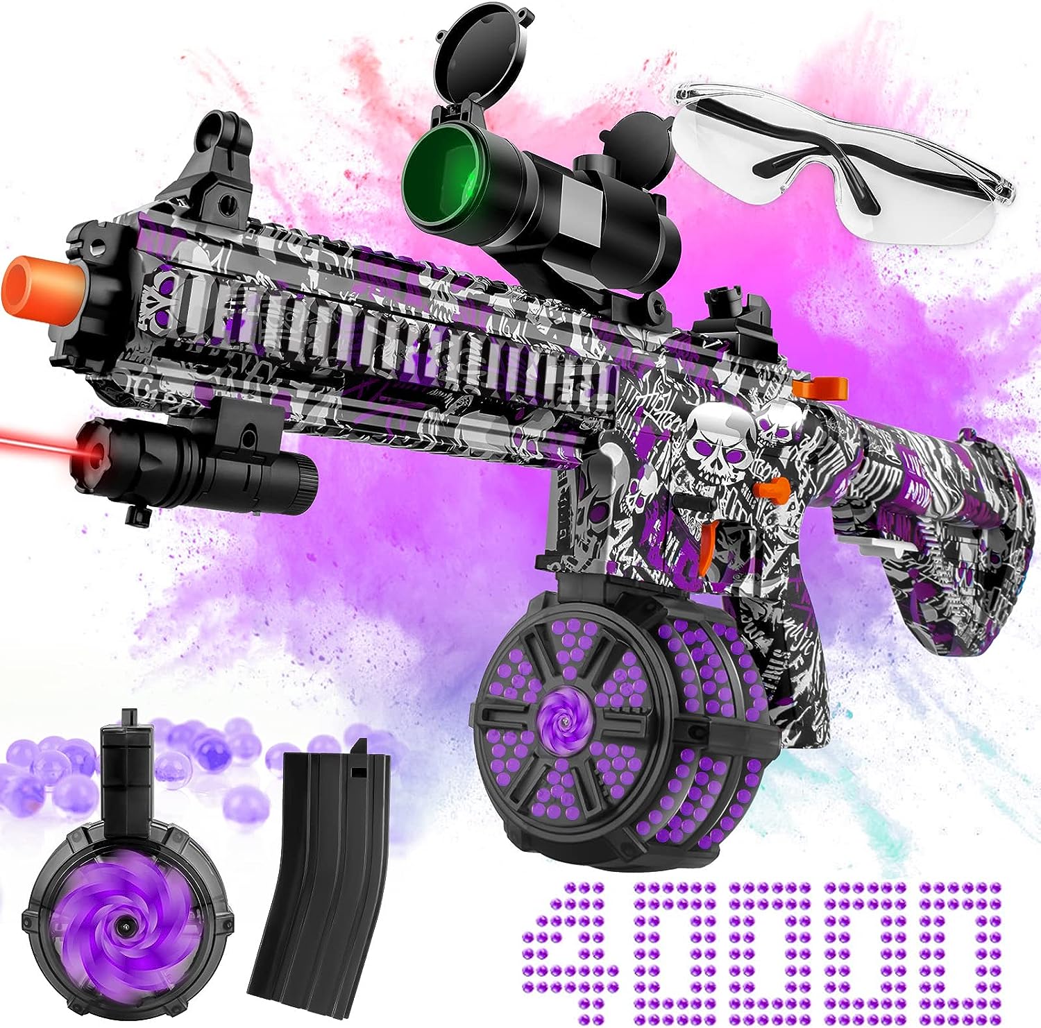 purple orbeez gun with a scope and other accessories.