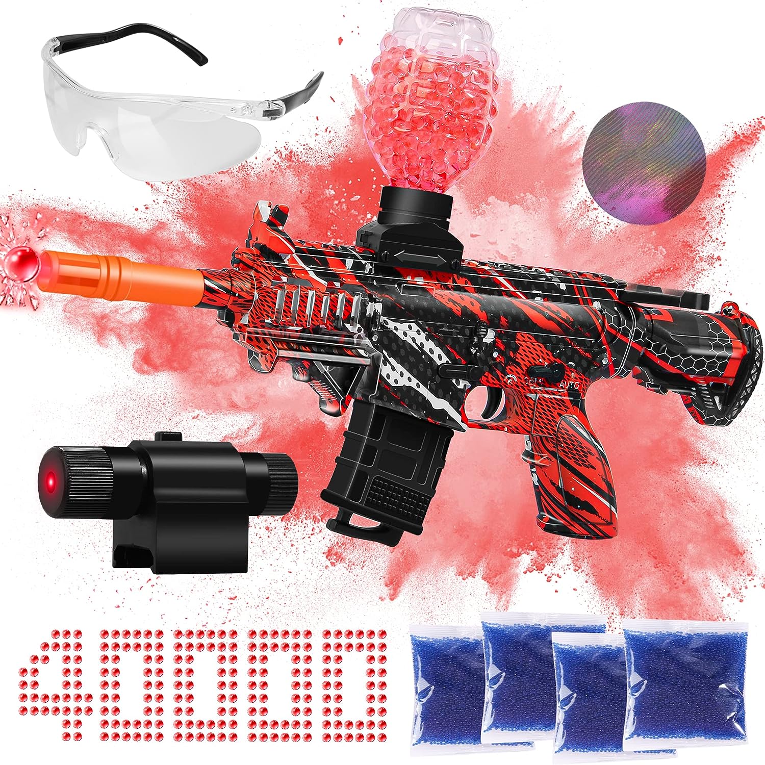 Red and black orbeez gun and accessories.