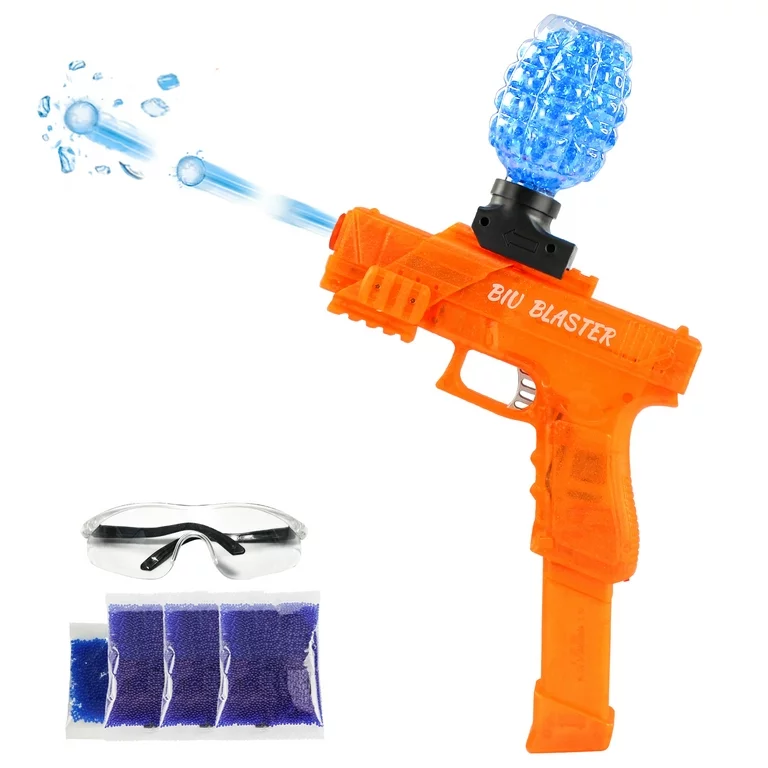 Automatic orbeez gun with a bottle of water beads and a pair of goggles.