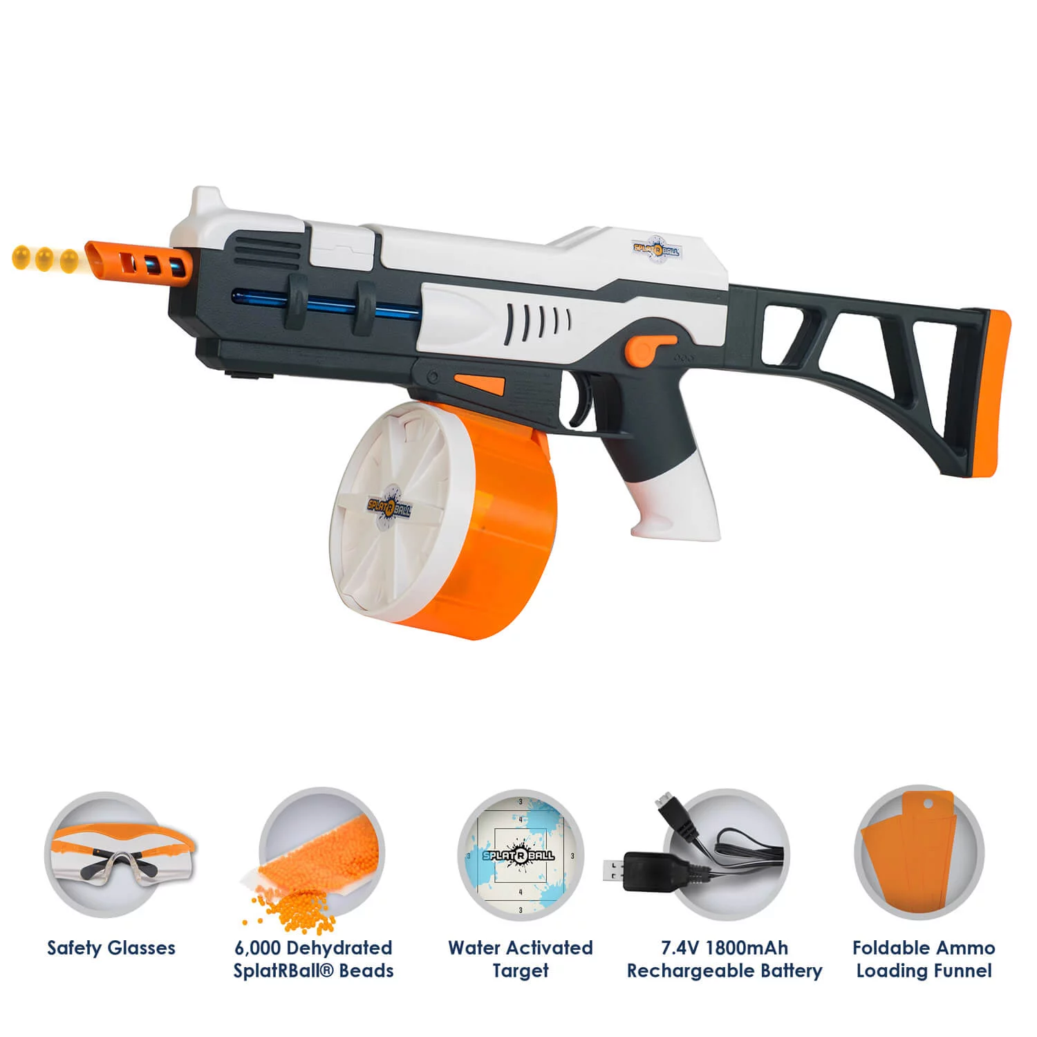orange and white orbeez gun with different accessories.