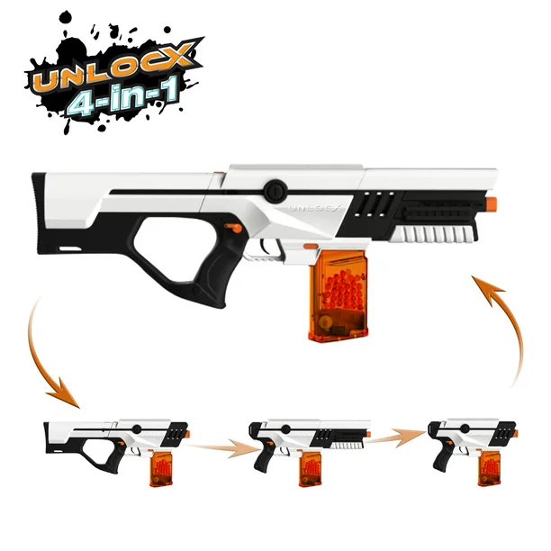 A white and orange UnlocX orbeez gun with three different types of guns.