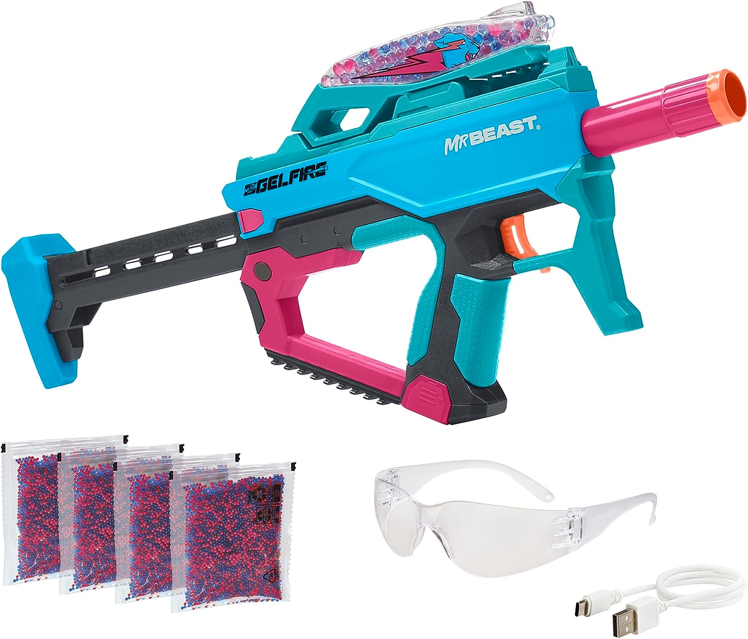 A orbeez gun with glasses and other accessories inspiration from Mr. Beast aka Jimmy Donaldson