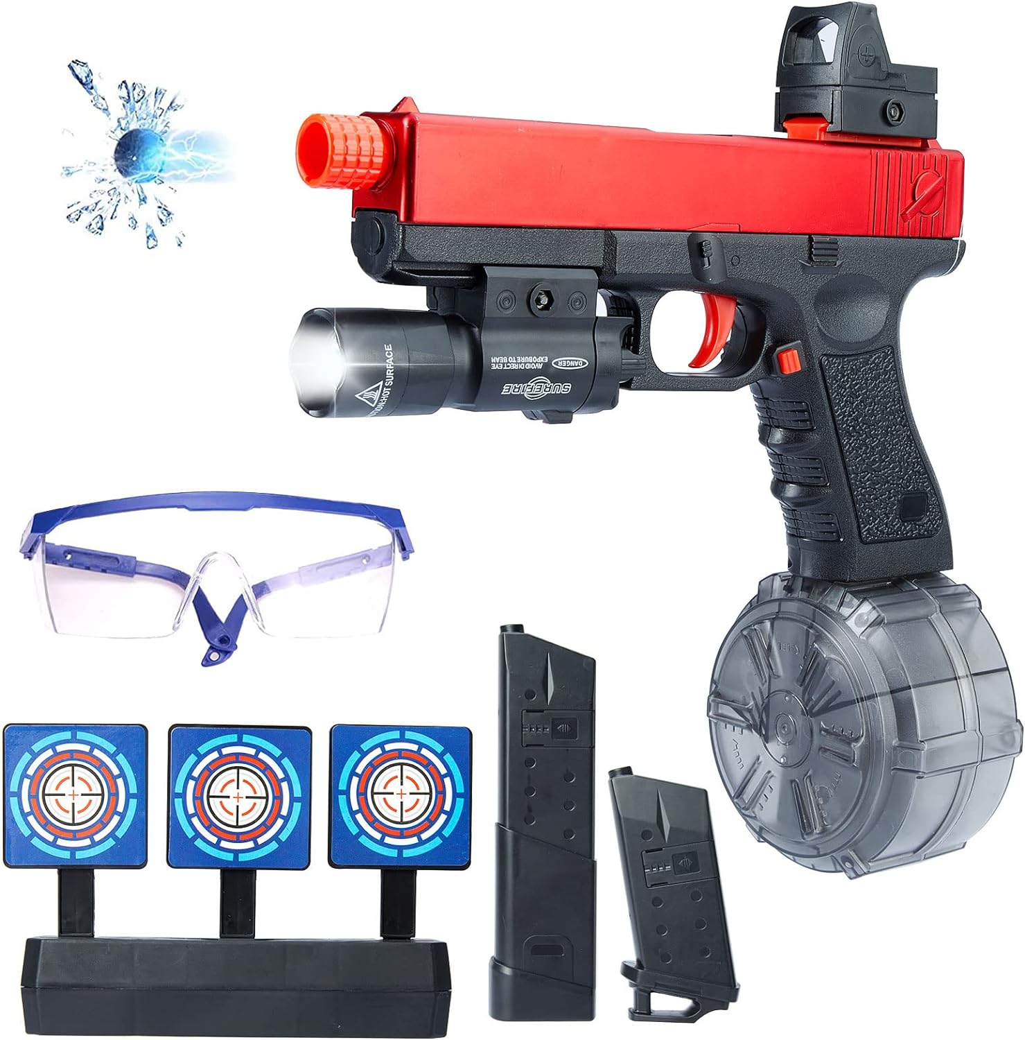 An Electric Orbeez Gel Blaster with a light and other accessories.