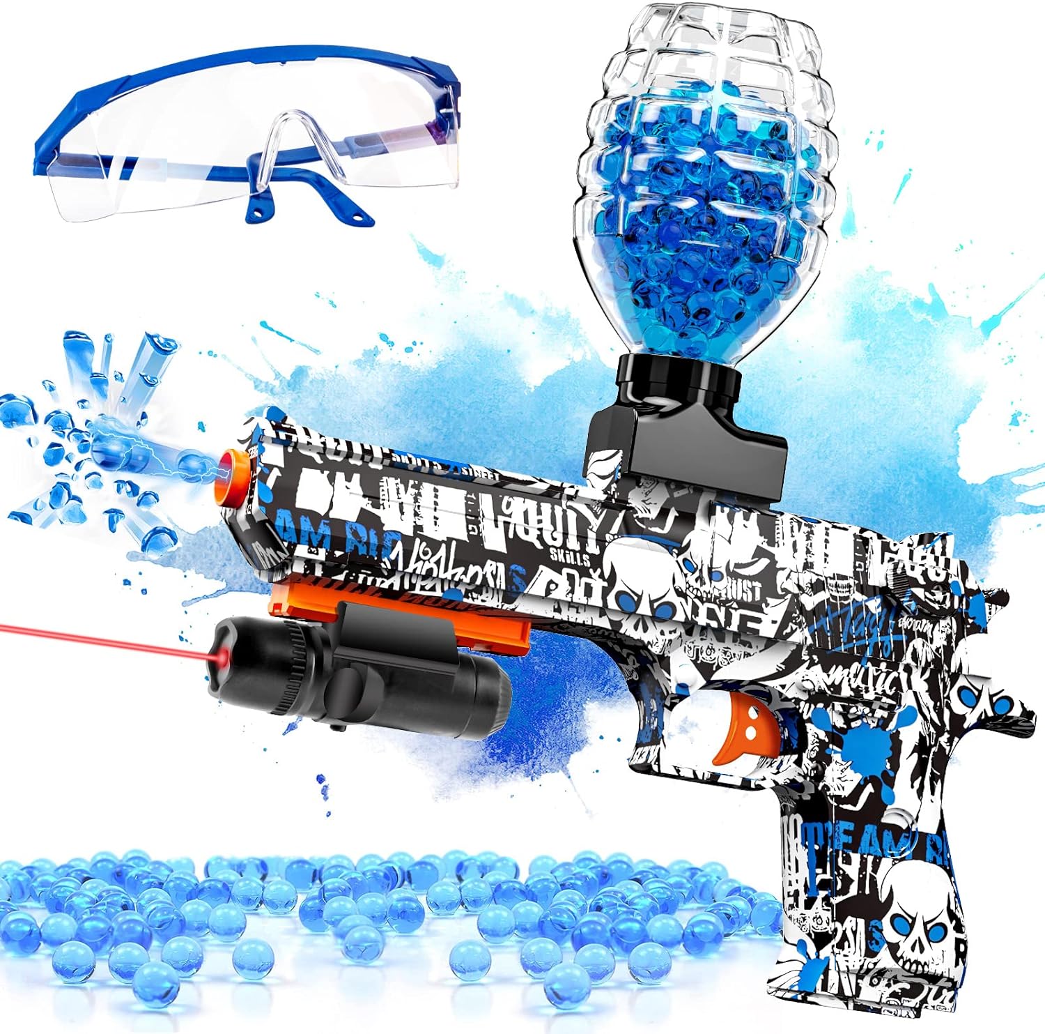 An Automatic Electric Gel Ball Blaster for Kids, featuring blue bubbles and a pair of goggles.