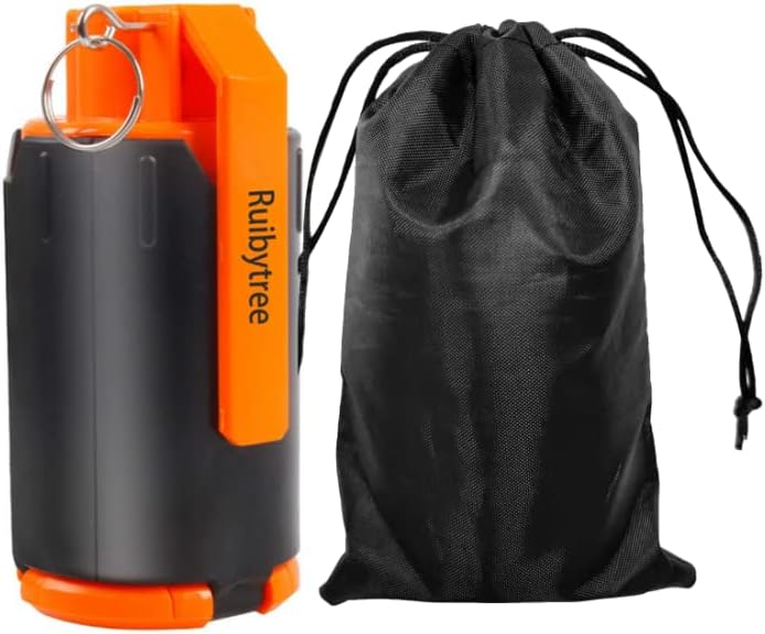 A black and orange fire extinguisher with a pouch shaped like an Orbeez Grenade.