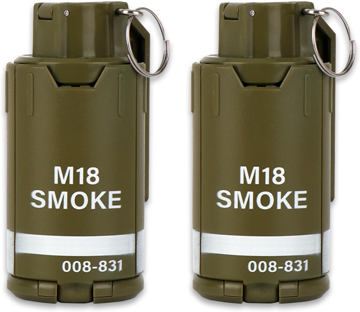 Two smoke grenades with key chains, ready for deployment.
